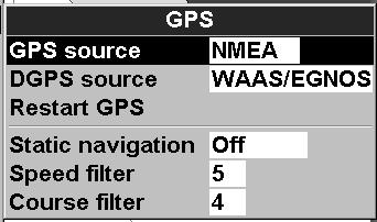17-4 Setup > GPS Press twice, then select GPS: GPS Source NMEA: Use the external GPS antenna supplied or an external GPS or DGPS source connected via NMEA (see section 18-10).