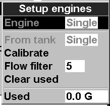Source Select the fuel flow sensors to use if the boat has more than one set of fuel sensors. Normally select Auto. Num engines Set the number of engines, or select 0 to disable the fuel functions.