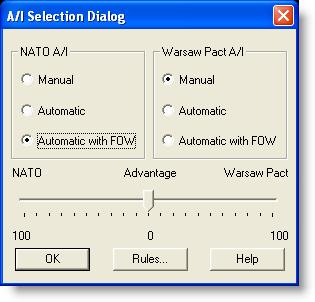 For the purposes of this tutorial select Warsaw Pact AI "Manual" for yourself and "Automatic With FOW" (Fog of War) for NATO.