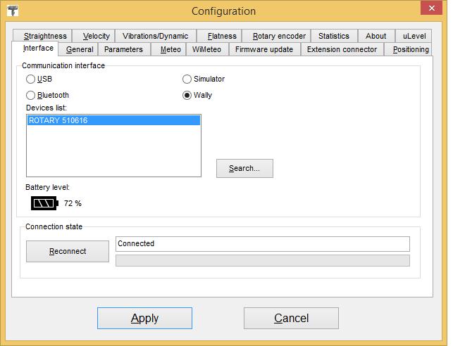 Bluetooth interface within HPI Software. Wally can be connected same way as Laser Head (HPI Software > Configuration > Interface > Find Wally on Device list and press Connect and then Apply).