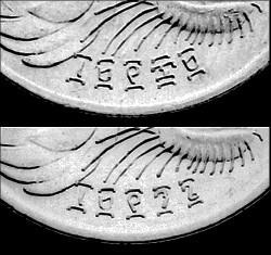 The date on the EE1969 second variety 50 Cents (top) and the date on the EE1996 50 Cents (bottom). Both have the same arrangment of whiskers around the date.