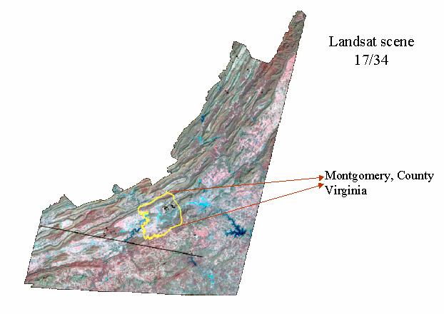 Chapter 3: Methods 3.1 Study Area The study area is Montgomery County, Virginia located in Southwest VA. It is a found within Landsat TM Scene 17/34 from Virginia taken 04/03/00 (Figures 1 and 2).