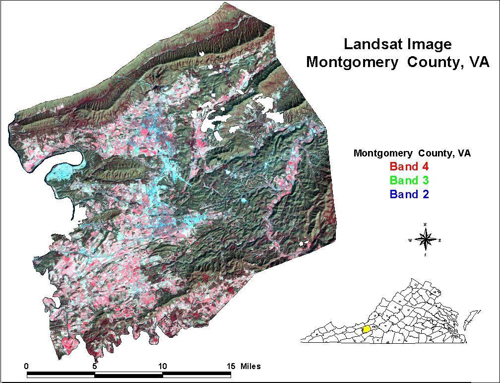 Figure 2 Close-up of clipped area of Montgomery County, VA from Landsat TM Scene 17/34 3.