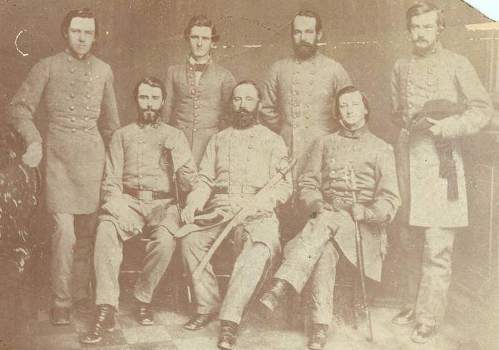 Members of the original staff of the 14th Alabama Infantry regiment Standing: Captain Pinckard, First Lieutenant David W. Hinkle, Captain Ferry Hinshaw, and Judge J.