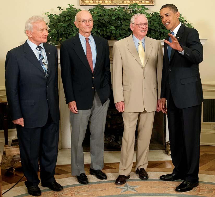 Above: On July 20, 2009, Neil Armstrong (tan suit), Buzz Aldrin (left) and Michael Collins (center) meet with President Barack Obama on the 40 th anniversary of the Apollo 11 lunar landing.