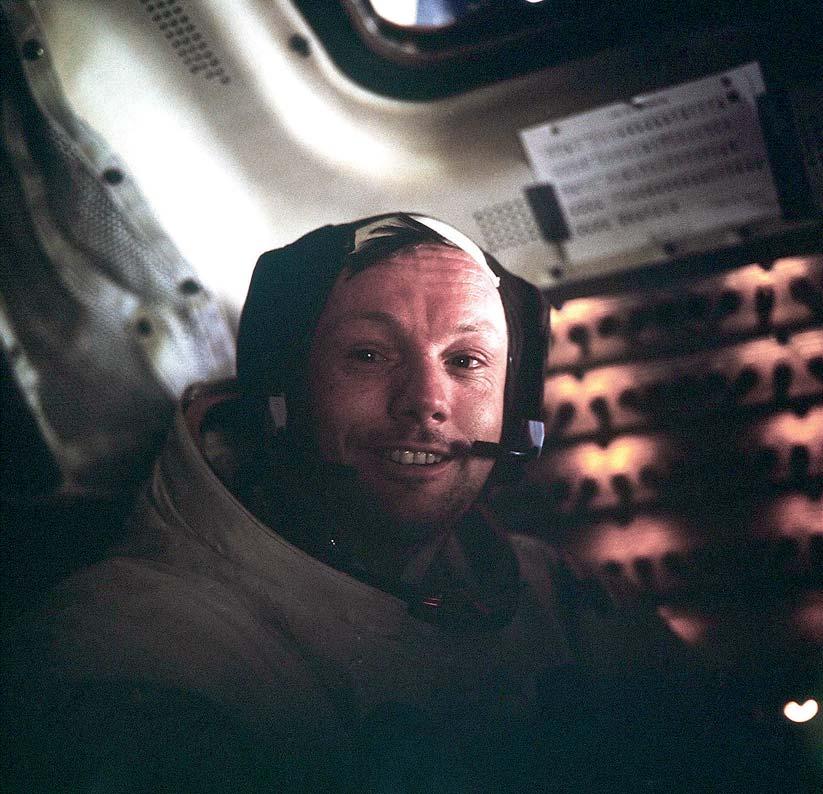 Above: Neil Armstrong sits inside the Lunar Module as it rests on the lunar surface after completion of his historic moonwalk.