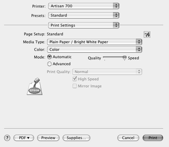 faster printing (if available) Select Automatic mode Note: In certain programs, you may need to select Advanced before you can select Print Settings.