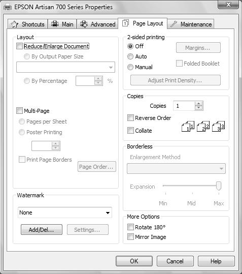 Windows Follow the Windows printing instructions beginning on page 33, but complete the additional steps below before you start printing. 1. Click the Page Layout tab in the printer software.