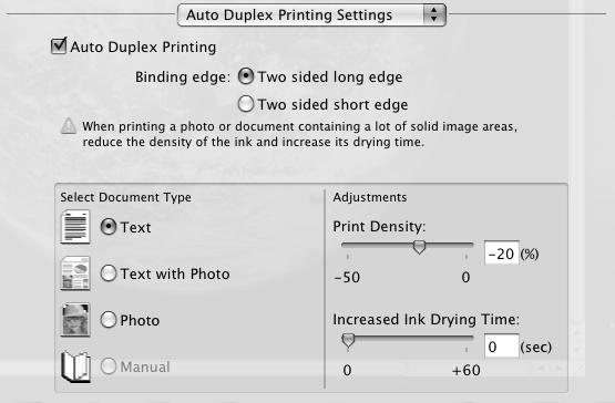 Mac OS X Follow the Macintosh printing instructions beginning on page 35 (Mac OS X 10.5) or page 37 (Mac OS X 10.3 and 10.4), but complete the additional steps below before you start printing. 1. Select Auto Duplex Printing Settings from the pop-up menu.