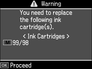 Replacing Ink Cartridges Make sure you have a new ink cartridge before you begin. You must install new cartridges immediately after removing the old ones.