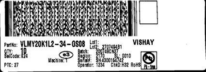 BAR CODE PRODUCT LABEL (example) 16 E B C A G D A. Type of component B. PTC = manufacturing plant C. SEL - selection code (bin) e.g.: L2 = code for luminous intensity group = code for color group D.