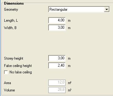 Dimensions Geometry: Here you can choose between: Rectangular: When rectangular is chosen the Length,L and the Width,B is typed in Angle: When angle is chosen you must also type in Lv and Bv.