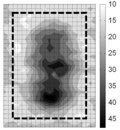 (a) (b) Figure 5.13. Contour plot representation of spectral amplitude data using overlapped mode shapes for the rectangular (a), square (b) and circle (c) delaminations.