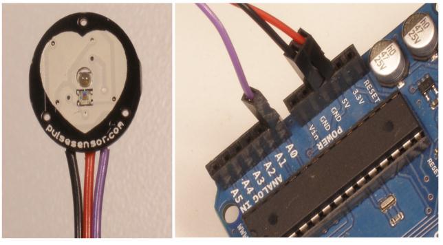 Figure 4: Pulse sensor connection to microcontroller The transmitting XBee is connected to the Arduino microcontroller via the XBee shield as shown in Fig. 5.