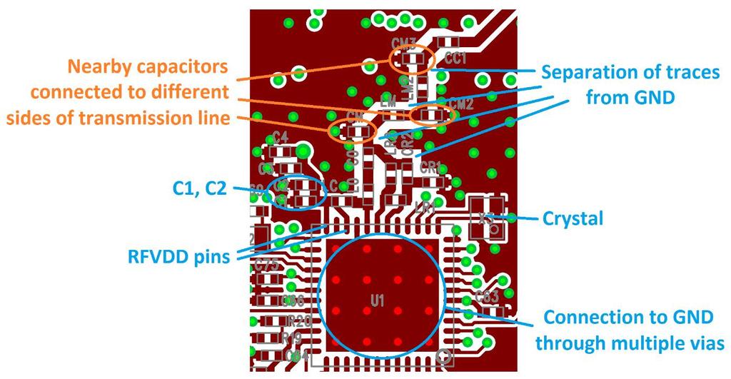 If space allows, the parallel inductor in the RX path (LR1) should be perpendicular to the nearby inductors in the TX path to reduce TX-to-RX coupling.