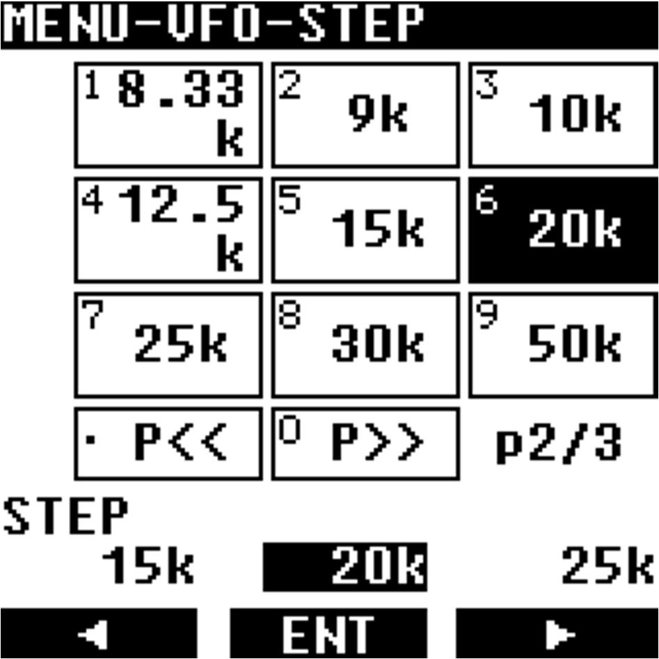 The tuning step value can be changed as follows: 1. Press [MENU], then press [ENT]. 2. Use [ ] to select [STEP], then press [ENT]. Note that there are 3 