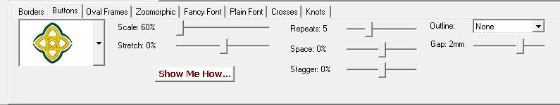 Small Rectangle Buttons: 1. With the Celtic Interactive program open, click on the Button tab. Click on the down arrow next to the design and select design Number 1. Set the Scale to 60%.