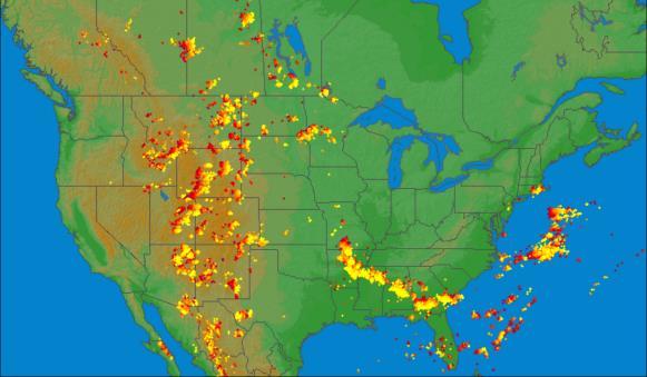 Figure 5: Lightning activity in one day of August 2015. Red represents lightning strokes that occurred earlier; yellow is later. (www.lightningmaps.org) dramatically.