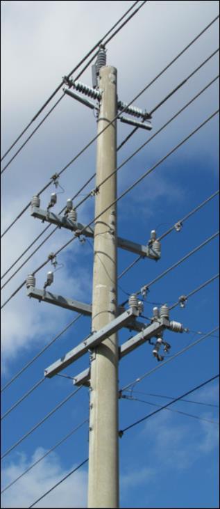Figure 7: Compact 69kV line with double distribution circuit underbuild. Every phase of every circuit is arrester protected.