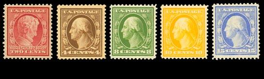 1137 (355) 5 Blue 1909 issue. OG., vertical line pair, 2003 PSE certificate (92262) states, it is genuine unused, og., previously hinged coil guide line pair. Bright color, centered F-VF.