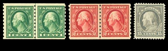 00 1149 (392) 1 Green perf 8 1910 issue. NH line pair, 2005 PFC (423739) states, it is genuine, never hinged. Great color, centered F-VF. (Photo) 400.