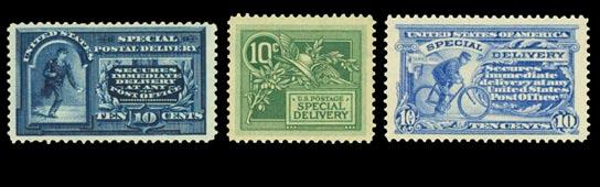 , previously hinged. Deep rich color bright, centered F-VF. (Cover Photo) 850.00 1243 (E7) 10 Green 1908 Special Delivery issue. NH., 2006 PFC (440194) states, it is, never hinged, grade VF-XF 85.