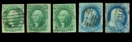 Four margins, tiny expertly sealed tear at bottom center, centered VF. (Photo) 850.00 1004 ( ) (3) 5 Franklin 1875 reproduction of the 1847 issue. No gum as issued, four margins, centered VF.