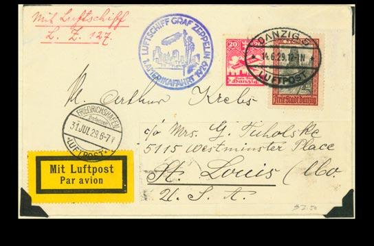 1639 Flown Zeppelin Mediterranean flight cover and card. Postmarked Vienna Austria (19.4.1929), then Friedrichshafen (22. 4.1929) arrived in Seville, Spain (24.4.29), then onto Stammersdorf their final destination (29.