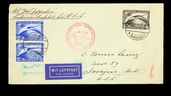 1676 Graf Zeppelin South America First Flight cachet cover having C39 cancelled in Friedrichshafen on May 18, 1930. Cover was sent to Rio de Janeiro, Brazil and back stamp cancelled on May 25.