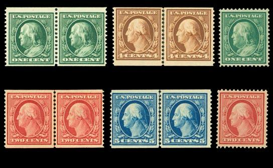 top stamp w/ small thin at top left. Fresh, centered Fine. (Photo) 650.00 1131 (348) 1 Green 1908 issue. NH line pair, 2014 PFC (517746) states, it is genuine, never hinged, unused OG.