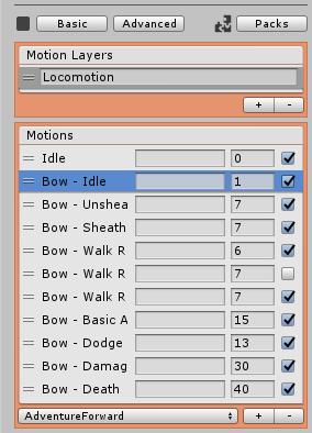 Motion List With the motions created, if you go back to the Advanced tab, you ll see the new bow motions listed and setup based on the options you ve checked.