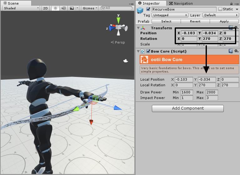 My bow isn t place in the left hand correctly. How do I fix this? You will use the Bow Core s Local Position and Local Rotation properties to offset the bow. This is a little bit of trial-and-error.