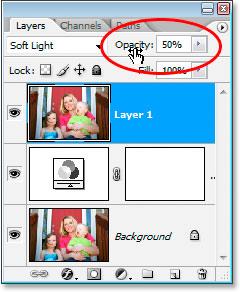 in the image: Lower the opacity of the top layer to reduce the amount of color in the image if needed.