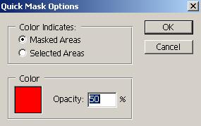 2. You will see the Quickmask option box appear. Select Masked Areas; this means that any colored areas will not be selected when you exit Quickmask mode.