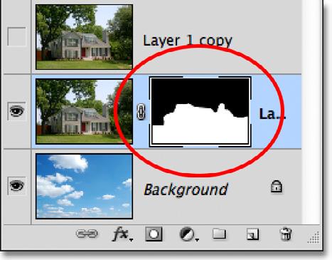 Photoshop adds a new layer mask to Layer 1, and if we look at the mask s preview thumbnail in the Layers panel, we see that the area we selected is filled with