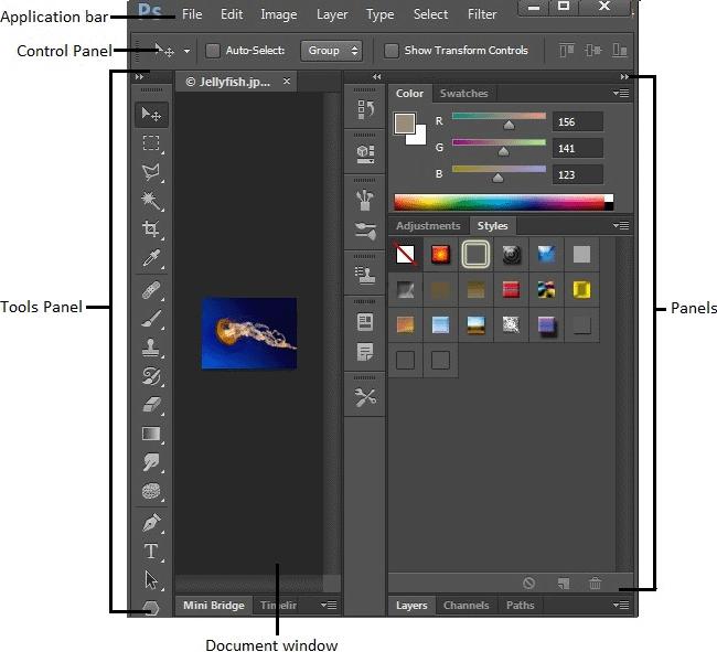 The following table describes the components of the Photoshop workspace: Components Descriptions Application bar It contains a workspace switcher, menus (Windows only), and other application controls.
