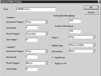 2.4 Setting Scan Conditions Imprinter/Addon Settings When the optional imprinter is installed, any characters and counters can be printed on the scanned document.