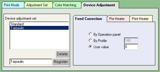 [Device Adjustment] sub menu Set particular adjustment for each printer. Functions that are set here do not depend on output profile like color adjustment set. a b e c d a.