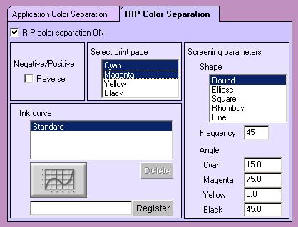 [RIP Color Separation] sub menu Click [RIP Color Separation] menu to open RIP Color Separation window. The explanation of the window is described as below. a b c d e f k j i g h a.