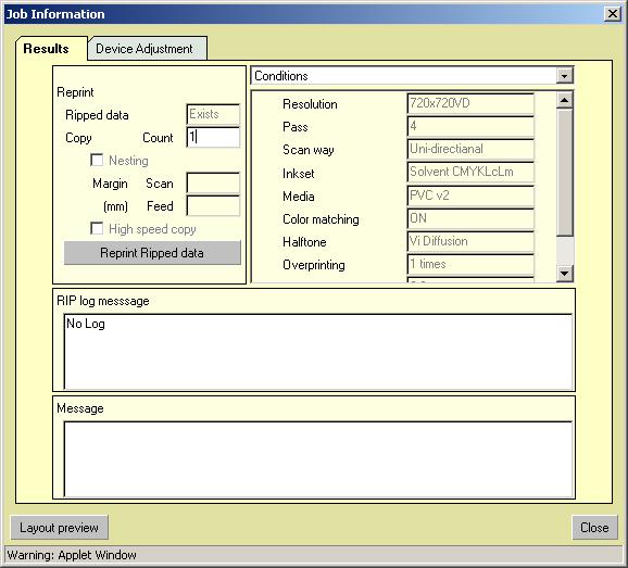 Job Information Job Information window has [Results] menu and [Device Adjustment] menu. [Results] menu A F B C D E A.