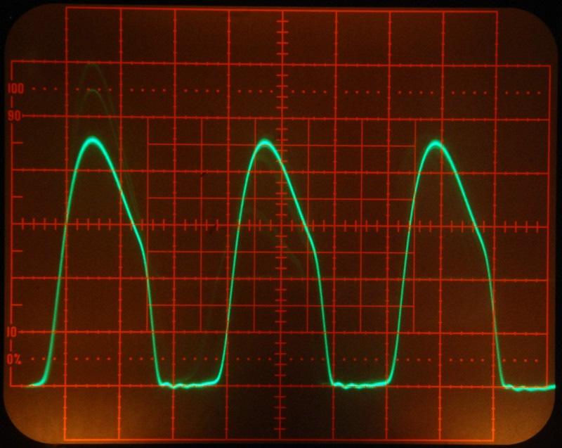 Figure 2 PA3 output waveform across a 50 ohm load. This is also what the waveform looks like when the PA3 is properly tuned and connected to a plasma tube.