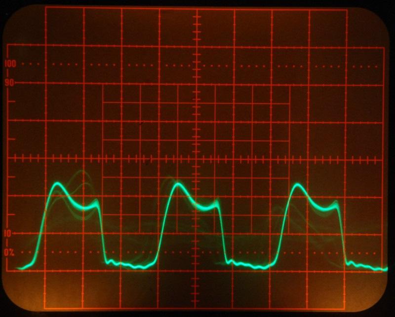 Figure 4 This photograph shows waveform from the PA3 when the tuning capacitor of the matching system is too low.