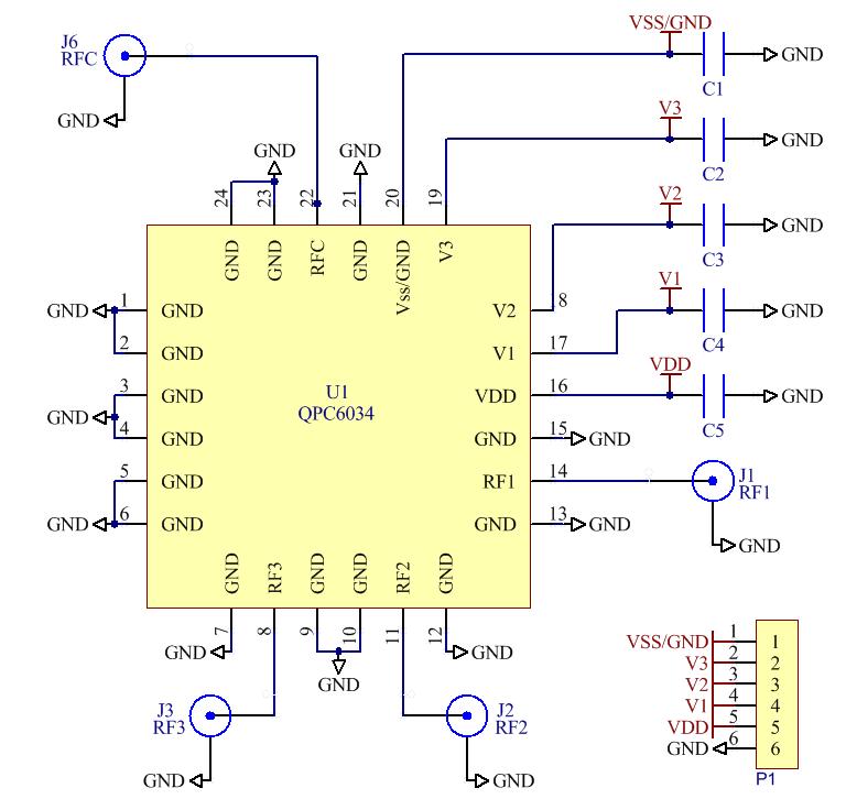 Evaluation Board Schematic and PCB 5 MHz to 6000 MHz Application Circuit Note: The QPC6064-410 PCB is used within the family of QPC60x4 products based on the individual BOM