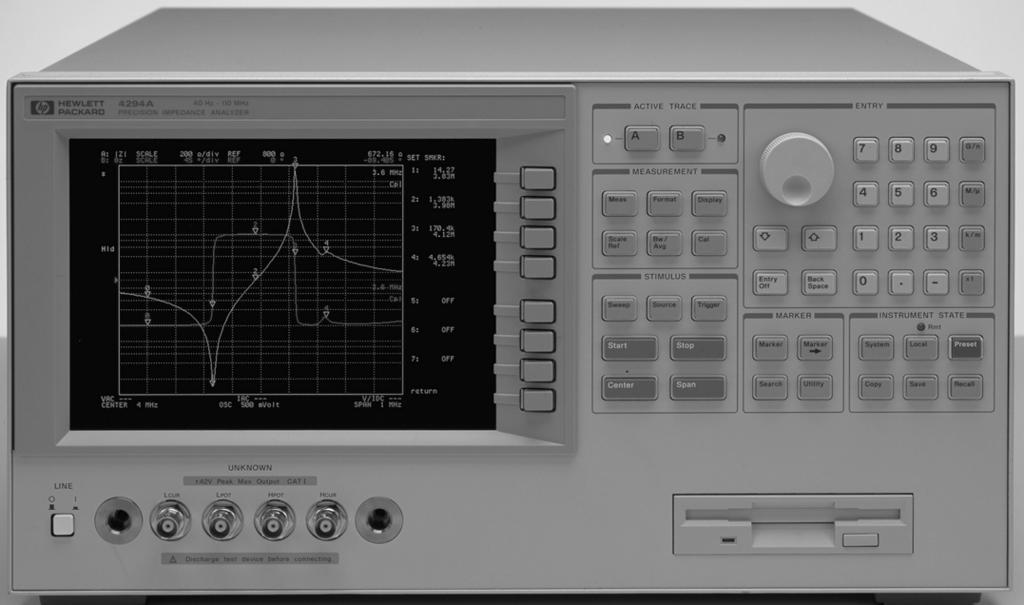 HP 4294A Precision Impedance Analyzer, NEW FEATURES The HP 4294A Precision Impedance Analyzer greatly supports accurate impedance measurement and analysis of a wide variety of electronic devices