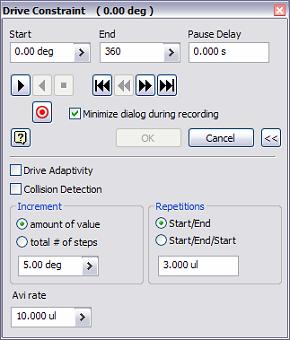 6. In the Drive Constraint dialog box: For End value, enter 360. Click More to expand the dialog box. For Increment value, enter 5. For Repetitions value, enter 3.
