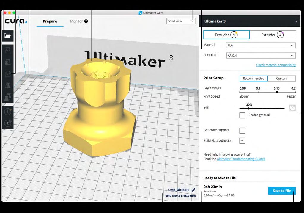 5.3 Preparing a print with Ultimaker Cura Interface After you have added the Ultimaker 3 in Ultimaker Cura, the main interface will become visible. Here is an overview of the interface. 1.