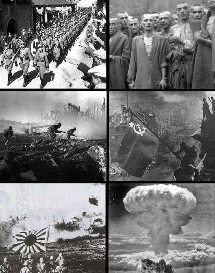 From top left: Marching German police during Anschluss, emaciated Jews in a concentration camp, Battle of Stalingrad, capture of Berlin by Soviets, Japanese troops in