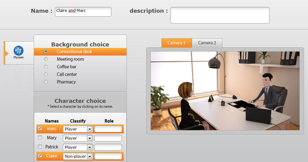 A preview window is available and can see the selected setting and characters as they appear selected in the simulation.