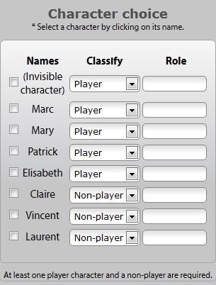 Choice of characters : When the setting is selected, you must select the different actors that will be present in the class simulation.