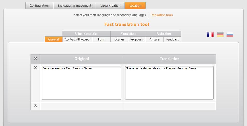 Tool for quick translation 2 In this window, you can translate all the texts present in the Serious Game. 2 For easy navigation, these texts are categorized by tabs.